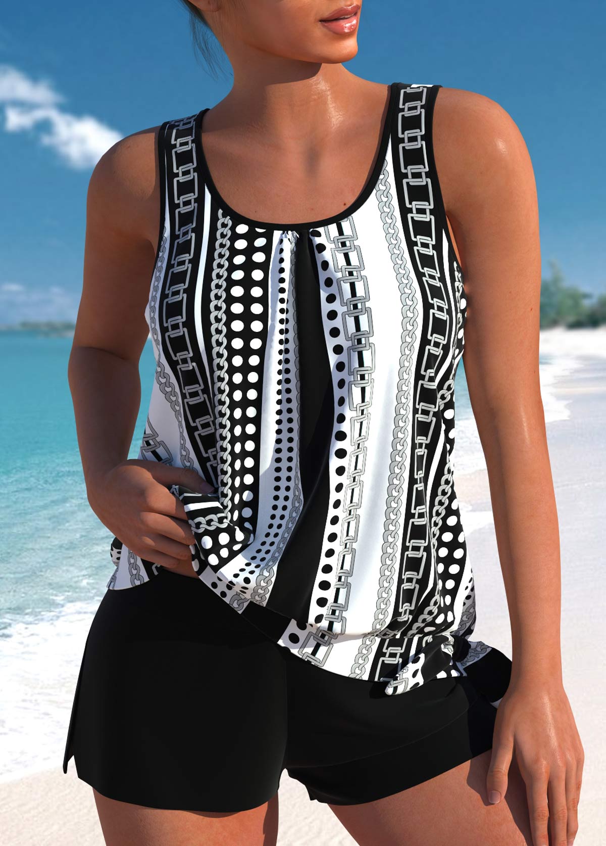 Plus Size Bowknot Black Geometric Print Tankini Set