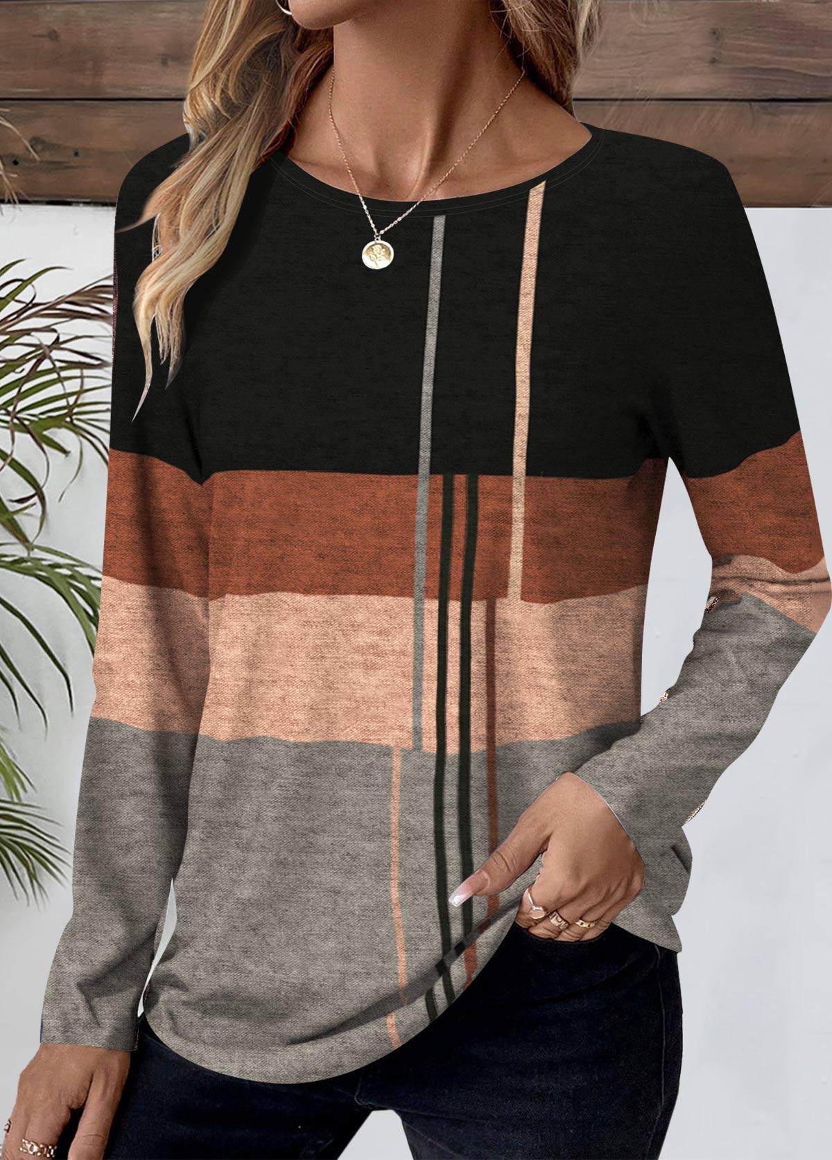 Black Patchwork Geometric Print Long Sleeve T Shirt | picture 