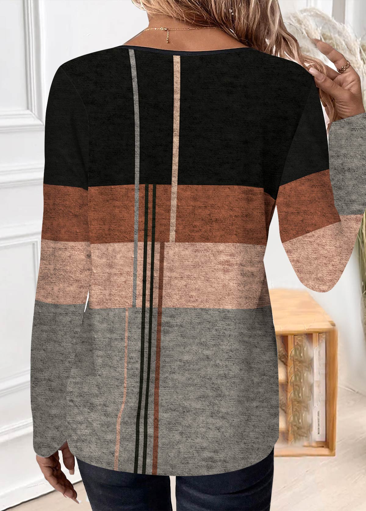 Black Patchwork Geometric Print Long Sleeve T Shirt | picture 