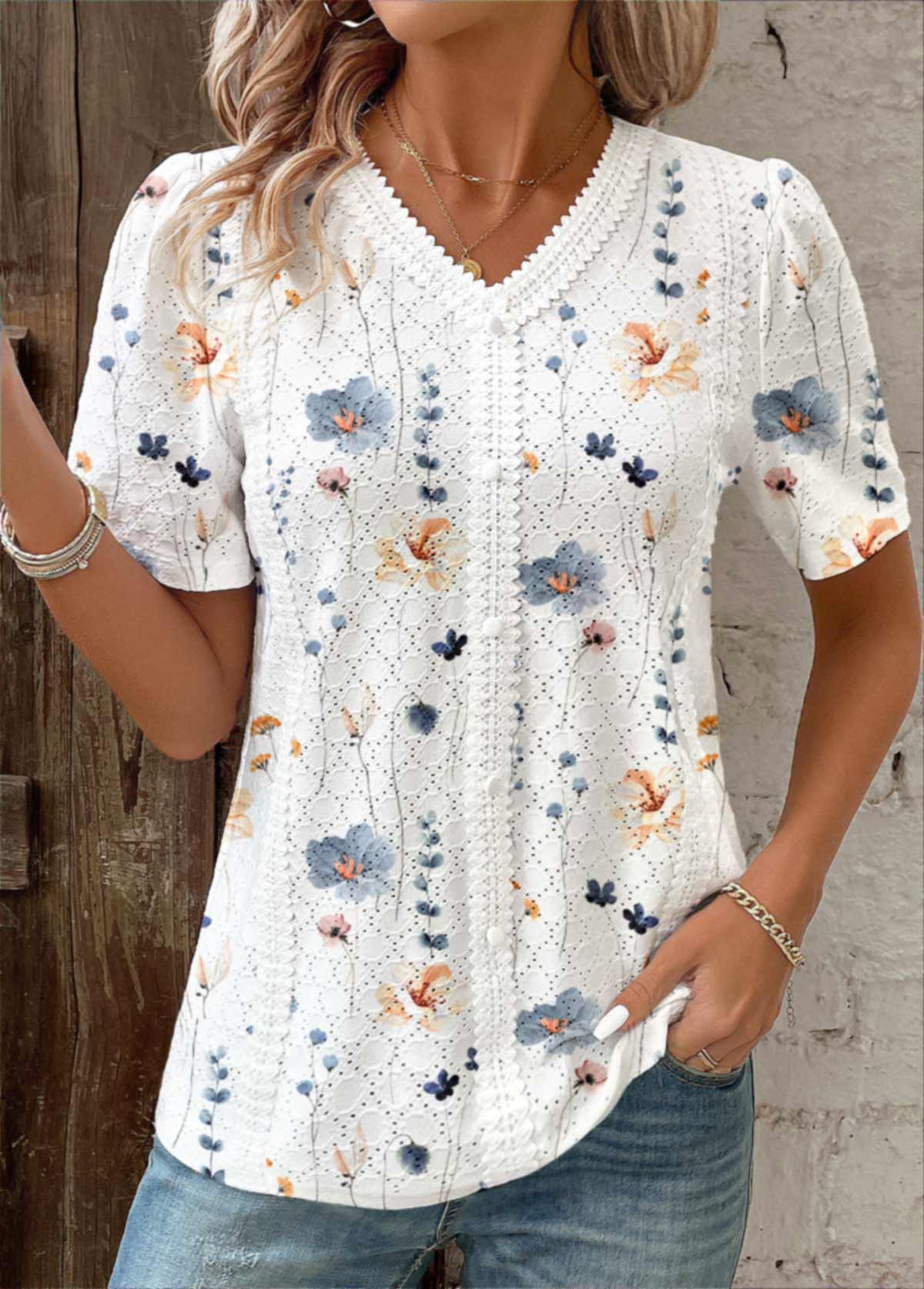 White Embroidery Floral Print Short Sleeve V Neck Blouse | picture 