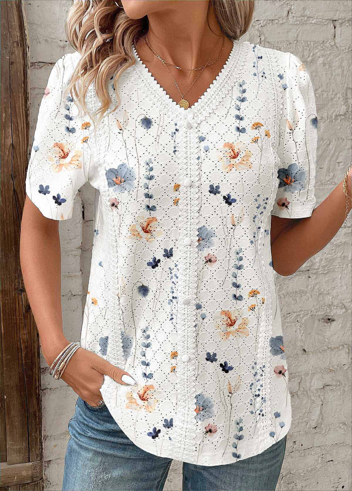 White Embroidery Floral Print Short Sleeve V Neck Blouse | picture 