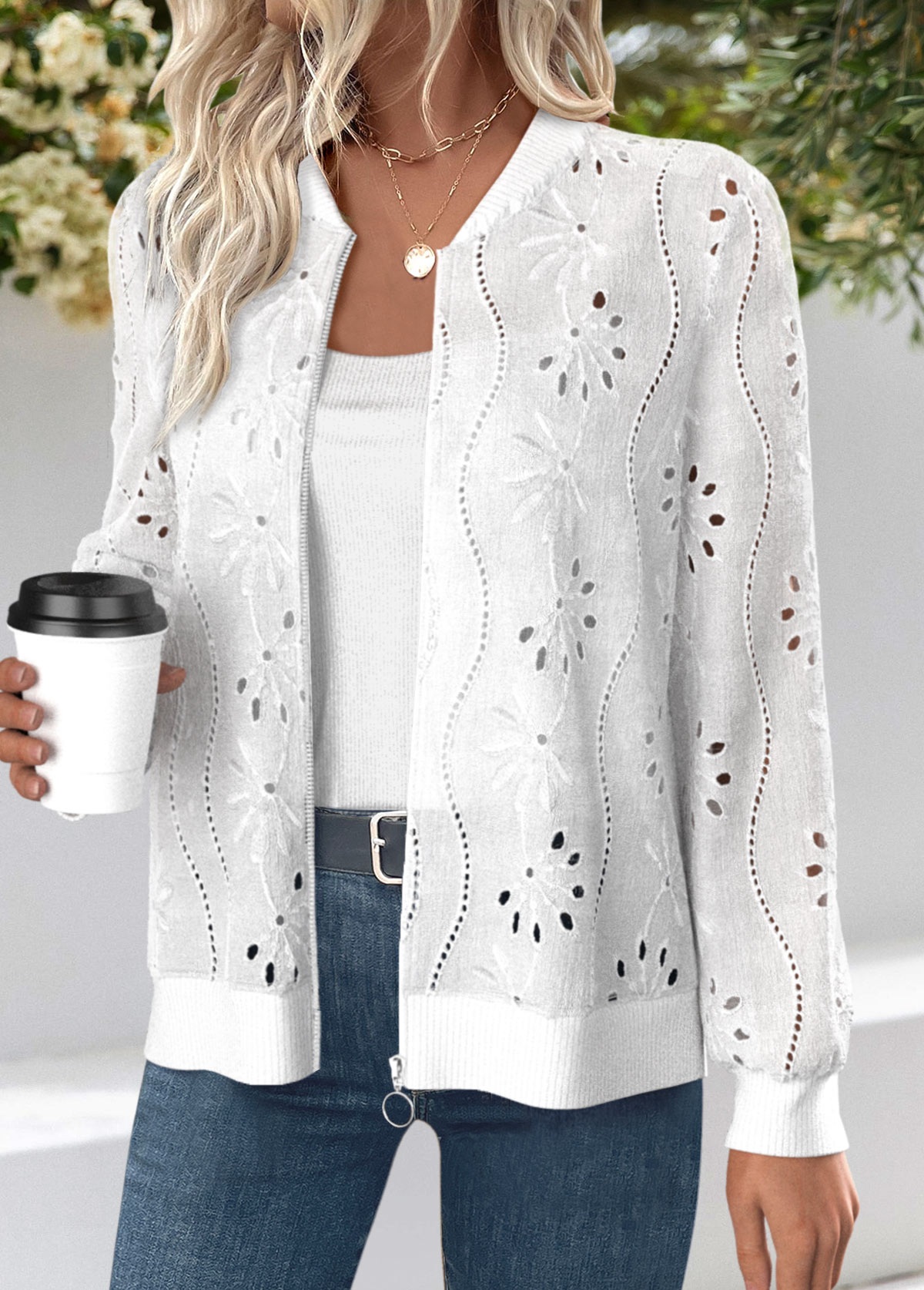 Plus Size White Jacquard Long Sleeve Track Jacket | picture 