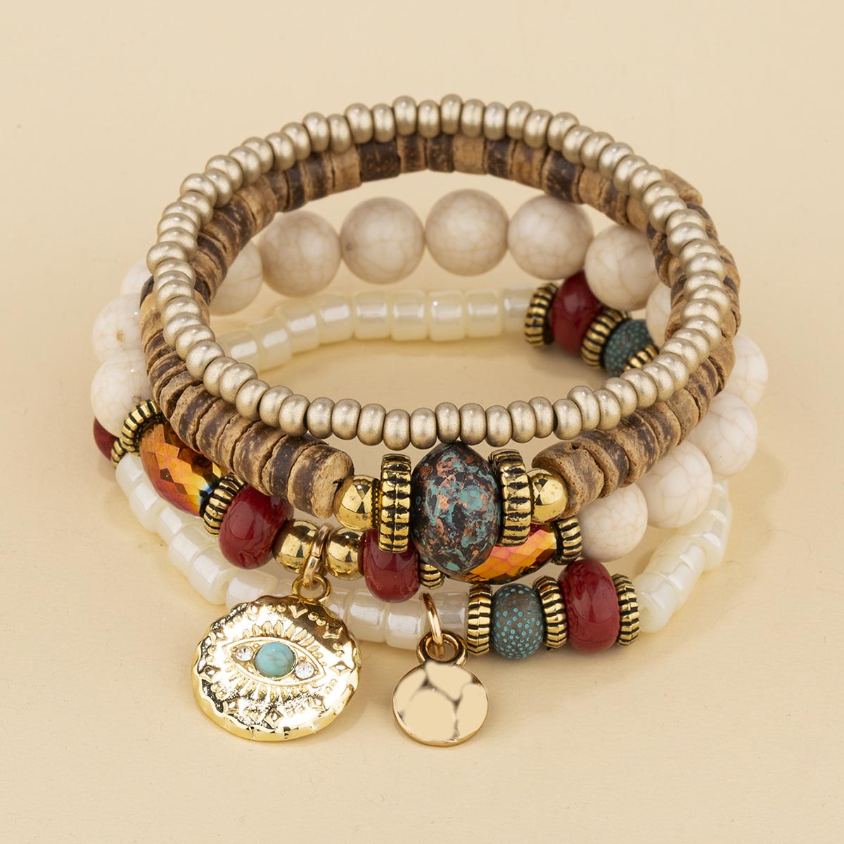 Light Camel Round Alloy Beaded Bracelet Set | picture 