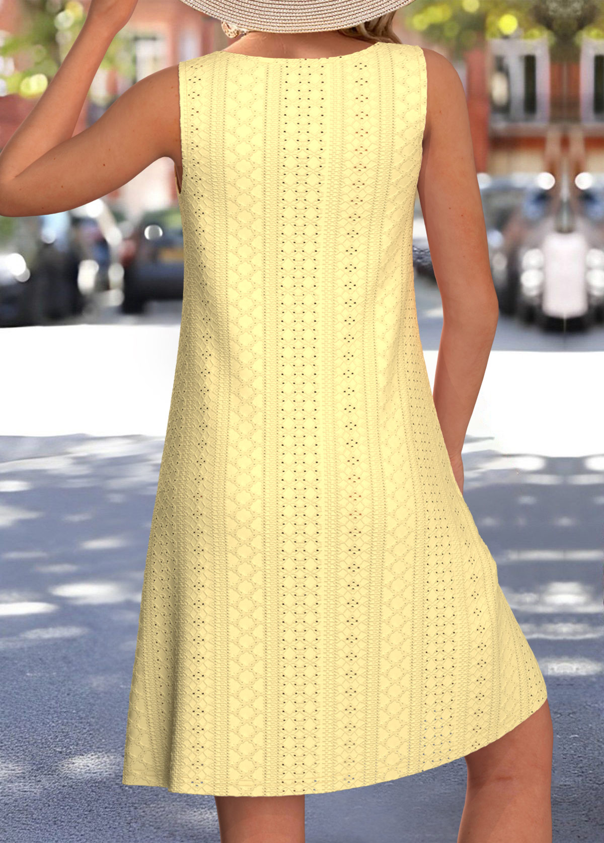 White Jacquard A Line Sleeveless Round Neck Dress | picture 