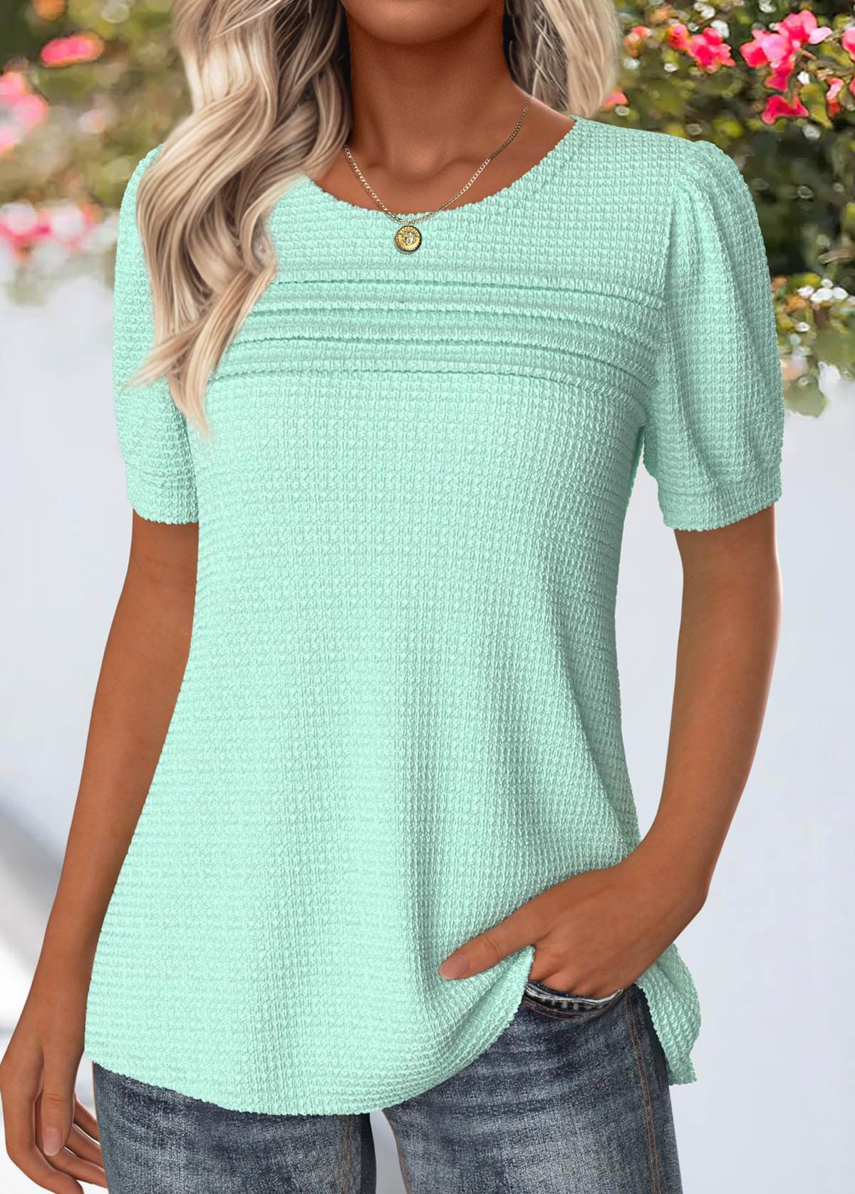 Mint Green Tuck Stitch Short Sleeve T Shirt | picture 