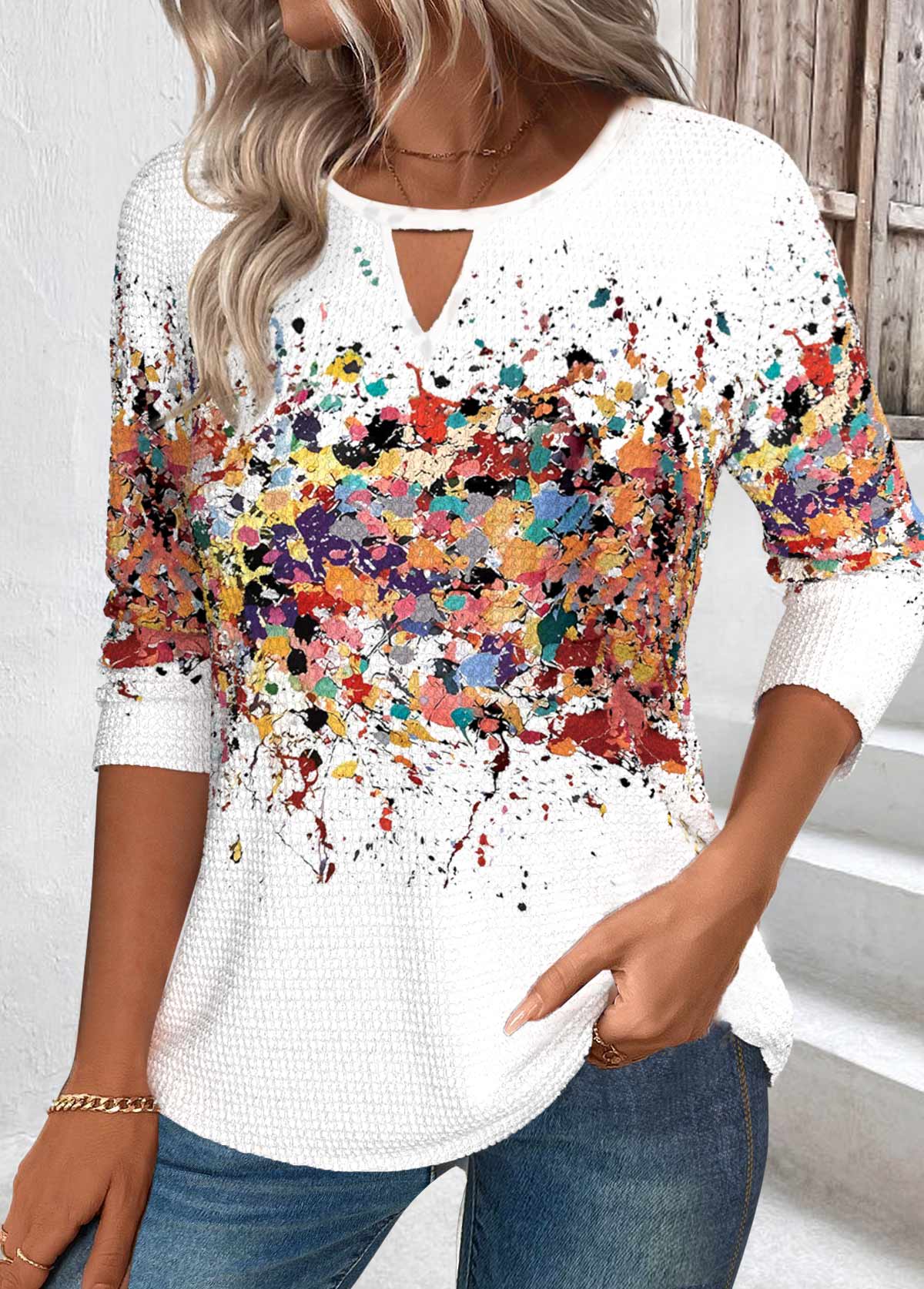 White Cut Out Ombre Long Sleeve T Shirt | picture 