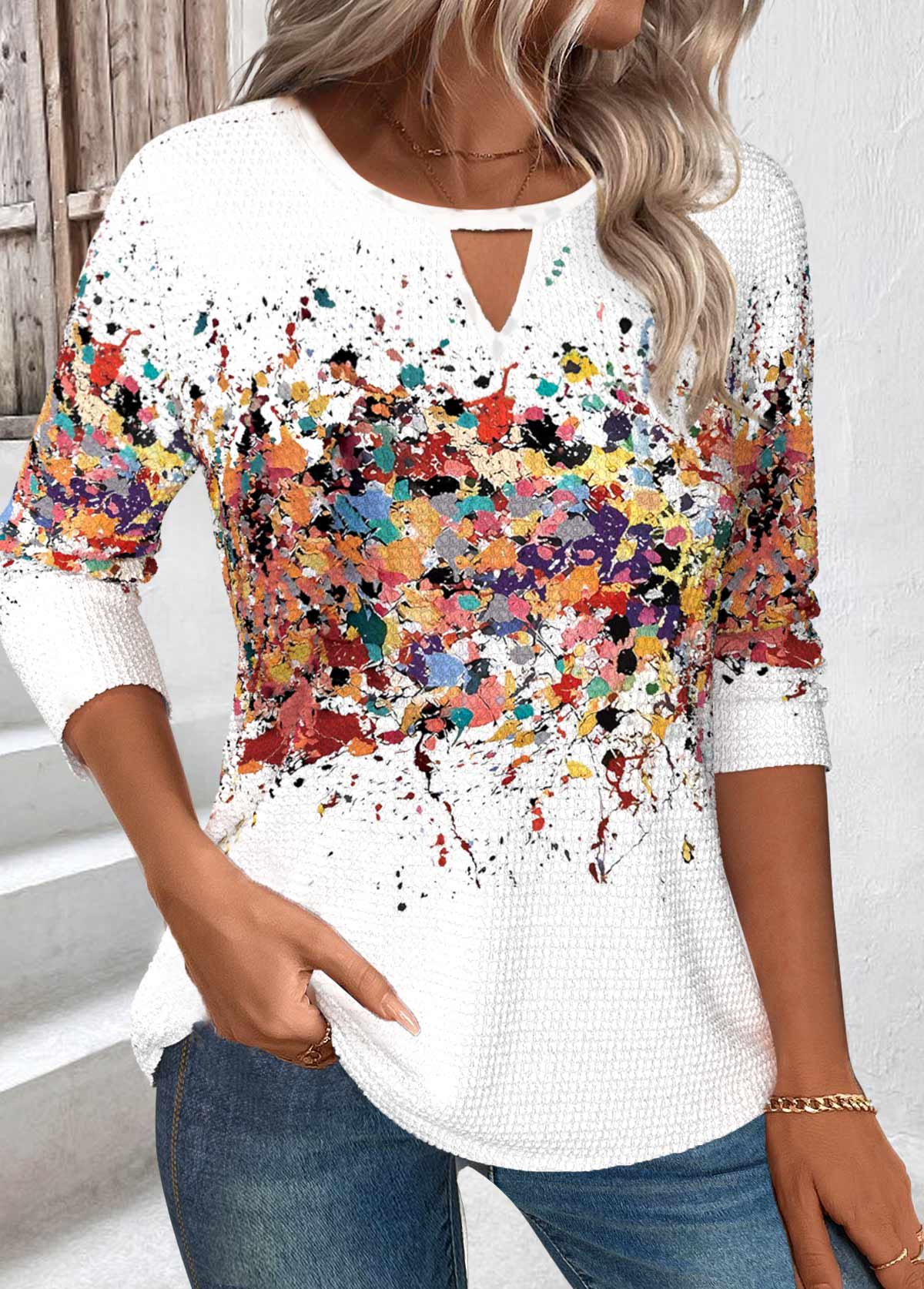 White Cut Out Ombre Long Sleeve T Shirt | picture 