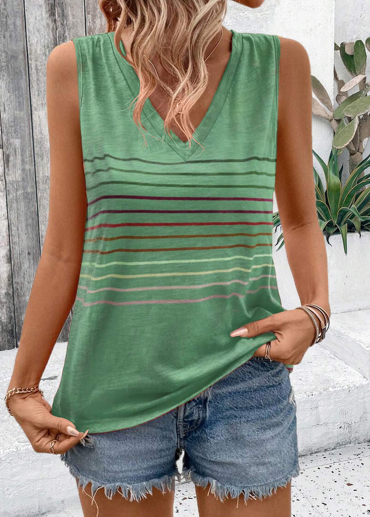 Green Striped Sleeveless V Neck Tank Top | picture 