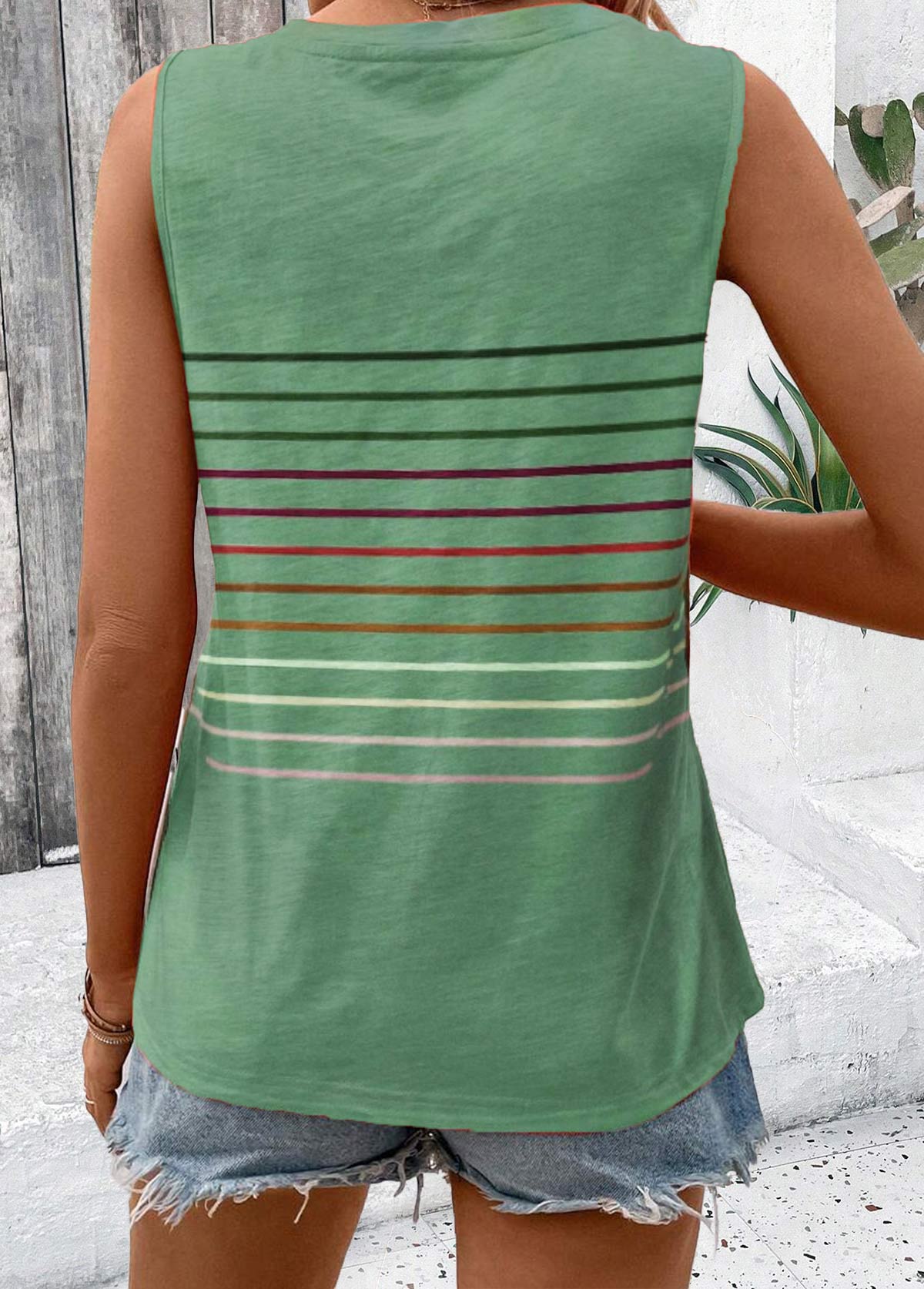 Green Striped Sleeveless V Neck Tank Top | picture 