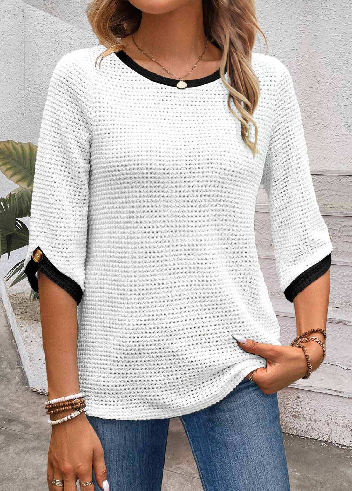 White Jacquard Half Sleeve Round Neck T Shirt | picture 