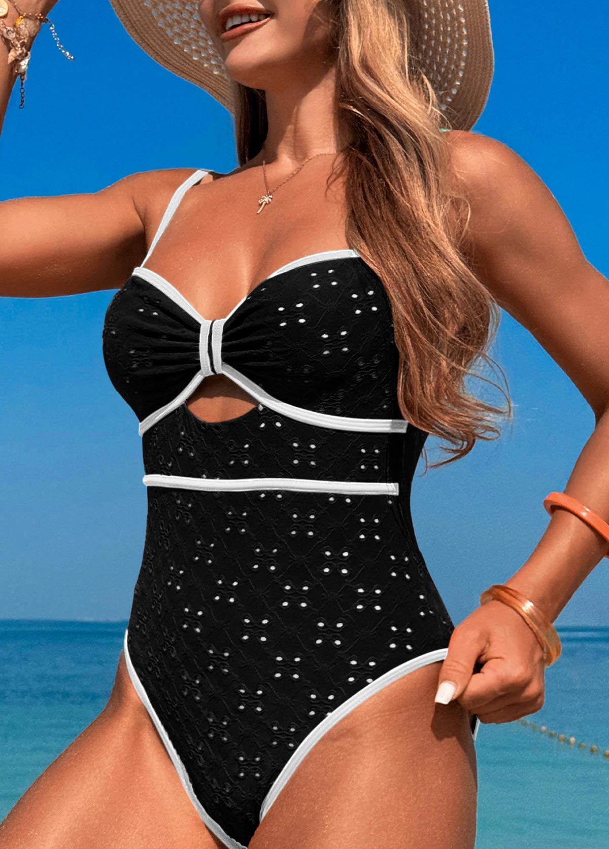 Contrast Binding Cut Out Black One Piece Swimwear | picture 