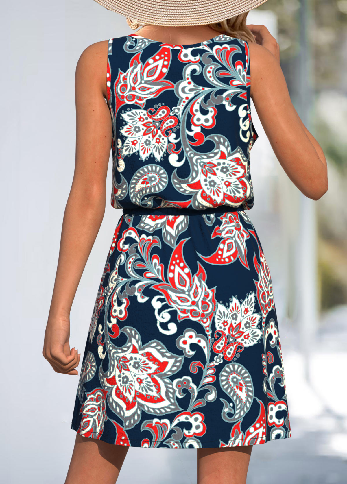 Navy Lace Up Paisley Print Short Strappy Dress | picture 