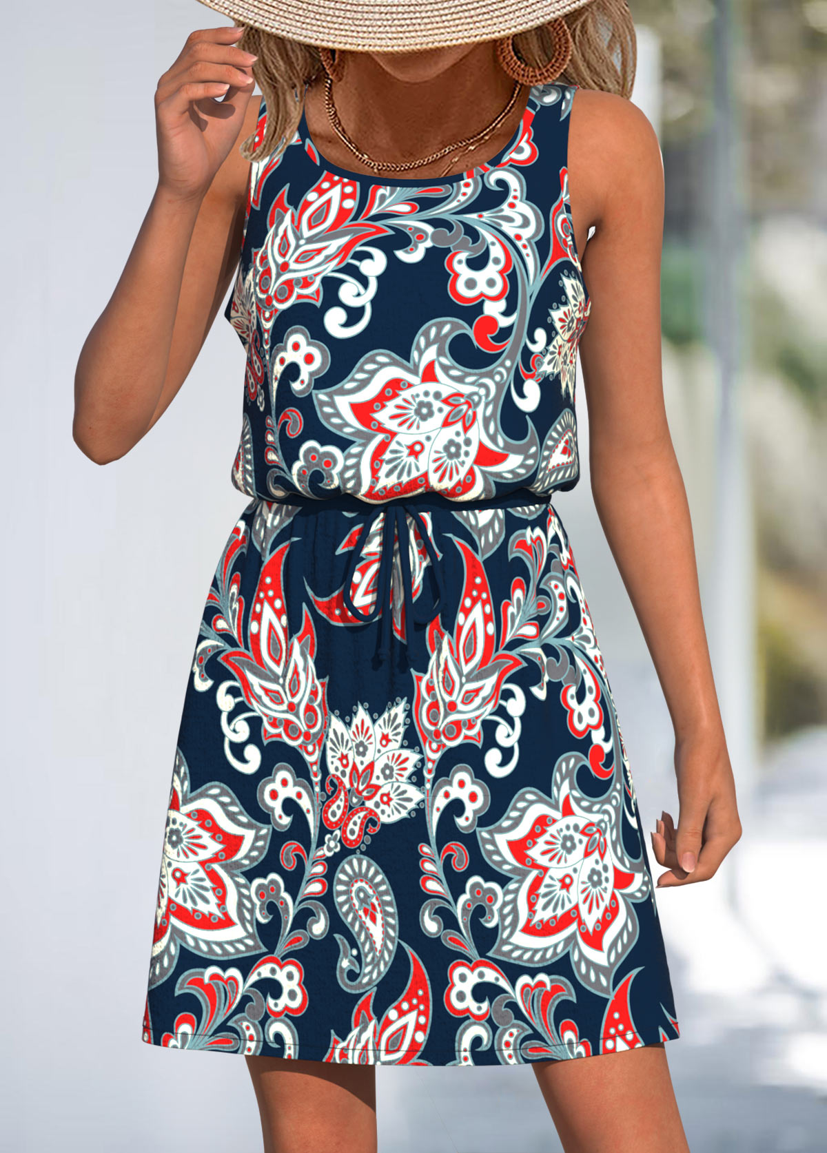 Navy Lace Up Paisley Print Short Strappy Dress | picture 