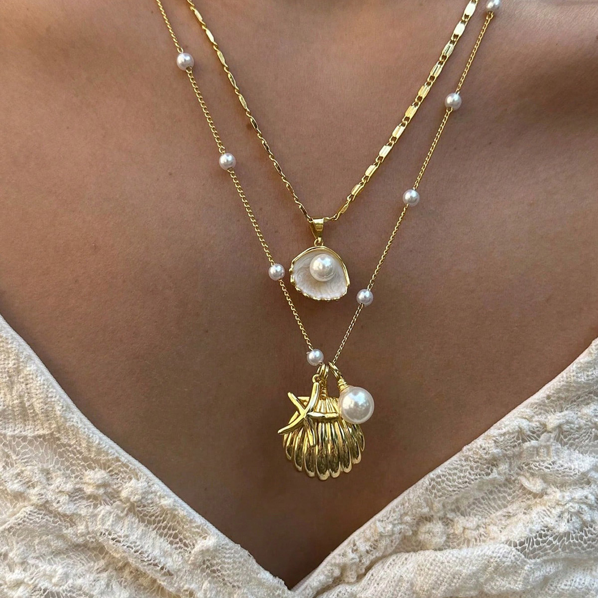 Layered Golden Shell Alloy Necklaces Set | picture 