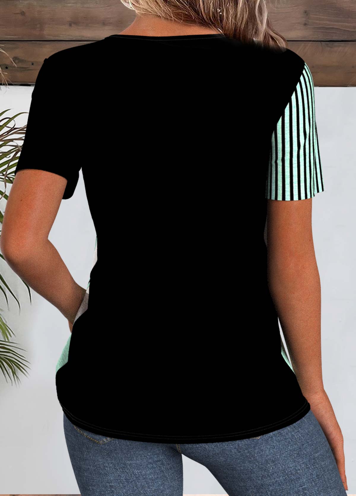 Black Patchwork Geometric Print Short Sleeve T Shirt | picture 