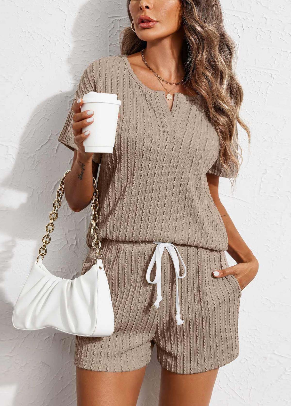 Gray Brown Short Sleeve Tie Lounge Top and Shorts | picture 