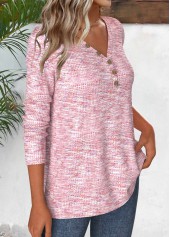 Light Pink Button Long Sleeve V Neck T Shirt | thumb picture 