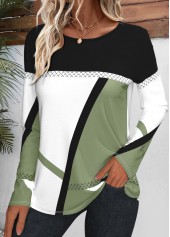 Avocado Green Patchwork Geometric Print Long Sleeve T Shirt