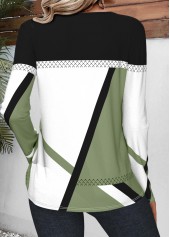 Avocado Green Patchwork Geometric Print Long Sleeve T Shirt | thumb picture 