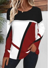 Wine Red Patchwork Geometric Print Long Sleeve T Shirt | thumb picture 