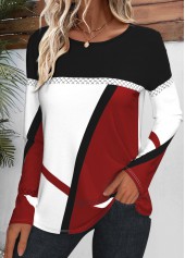 Plus Size Wine Red Patchwork Geometric Print T Shirt