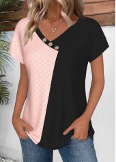 Light Pink Patchwork Short Sleeve V Neck T Shirt | thumb picture 