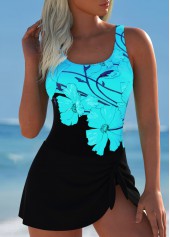 Tie Floral Print Cyan One Piece Swimdress
