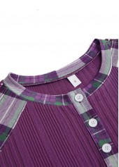 Purple Button Plaid Long Sleeve Split Neck Sweatshirt | thumb picture 