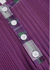 Purple Button Plaid Long Sleeve Split Neck Sweatshirt | thumb picture 