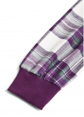 Purple Button Plaid Long Sleeve Split Neck Sweatshirt | thumb picture 