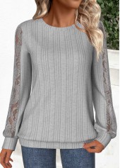 Grey Lace Long Sleeve Round Neck Sweatshirt
