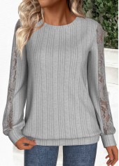Grey Lace Long Sleeve Round Neck Sweatshirt | thumb picture 