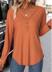 Terracotta Button Long Sleeve V Neck T Shirt