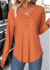 Terracotta Button Long Sleeve V Neck T Shirt | thumb picture 