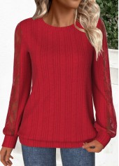 Red Lace Long Sleeve Round Neck Sweatshirt