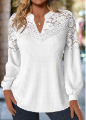 Raw White Lace Long Sleeve Split Neck Blouse