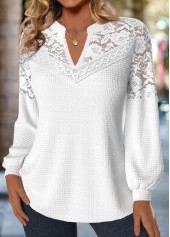 Raw White Lace Long Sleeve Split Neck Blouse