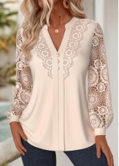 Beige Embroidery Long Sleeve Split Neck Blouse