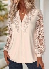 Beige Embroidery Long Sleeve Split Neck Blouse | thumb picture 
