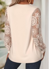 Beige Embroidery Long Sleeve Split Neck Blouse | thumb picture 