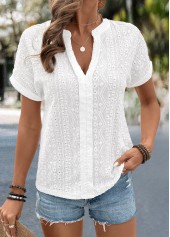 White Lace Short Sleeve Split Neck Blouse