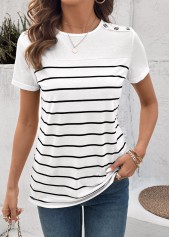 White Button Striped Short Sleeve Round Neck T Shirt | thumb picture 