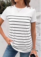 White Button Striped Short Sleeve Round Neck T Shirt | thumb picture 
