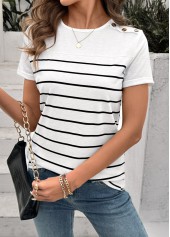 White Button Striped Short Sleeve Round Neck T Shirt | thumb picture 