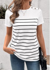 White Button Striped Short Sleeve Round Neck T Shirt