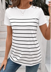 White Button Striped Short Sleeve Round Neck T Shirt | thumb picture 