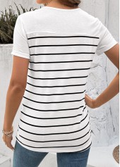 White Button Striped Short Sleeve Round Neck T Shirt | thumb picture 