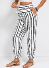 White Drawstring Geometric Print Jogger Elastic Waist Pants | thumb picture 