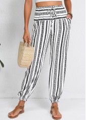 White Drawstring Geometric Print Jogger Elastic Waist Pants