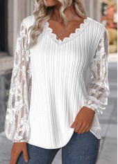 White Lace Long Sleeve V Neck Blouse